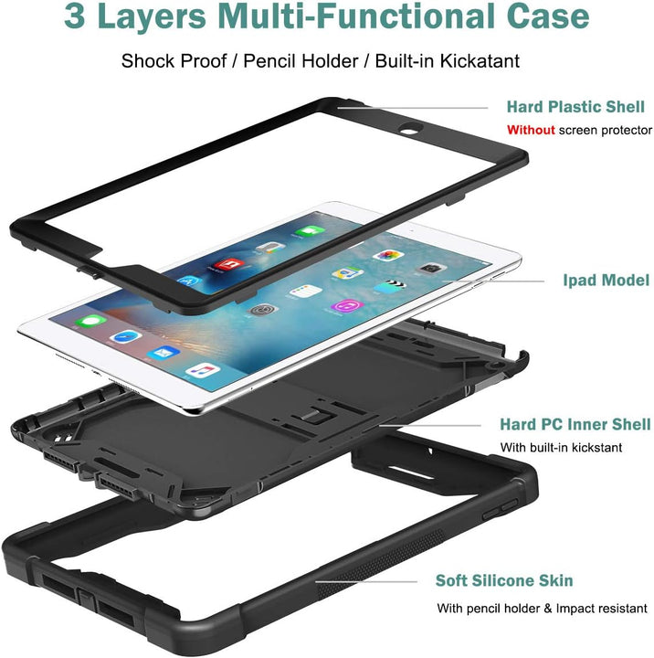 Apple iPad Mini 4 & Mini 5 (7.9 inch) Black Shockproof Rugged Case with Kickstand